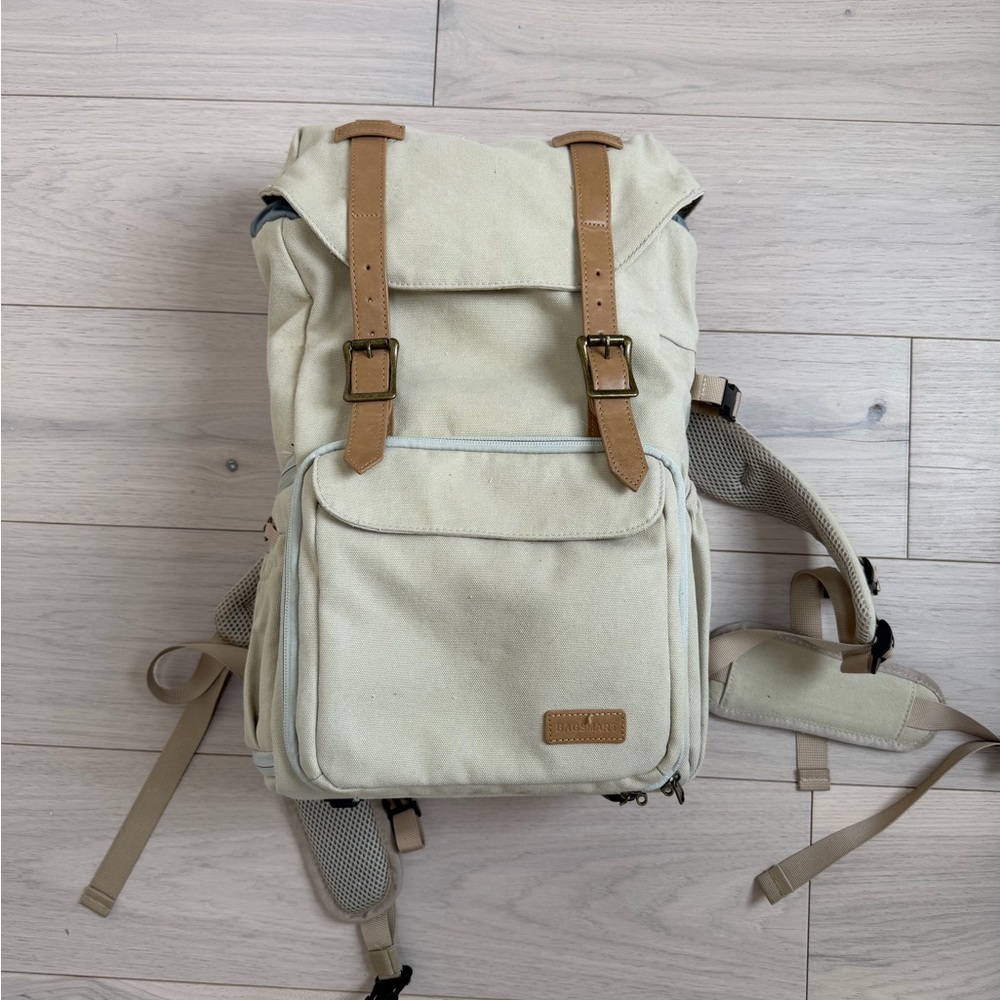 Camera Backpack With Laptop Sleeve In Cream with Tan Accents